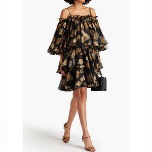 Dolce & Gabbana Black Off-Shoulder Tiered Mini with Gold Floral Print